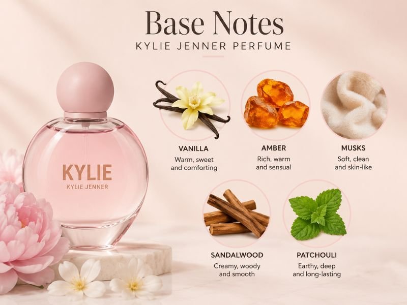 Warm base notes of Kylie Jenner Perfume with vanilla amber musk and sandalwood Kylie Jenner Perfume (2026)
