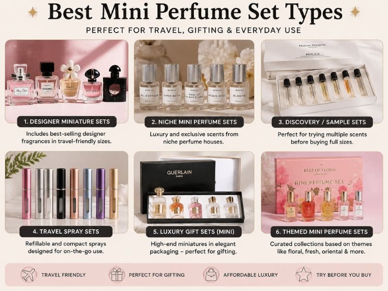 Different types of Mini Perfume Set collections including designer and niche fragrances