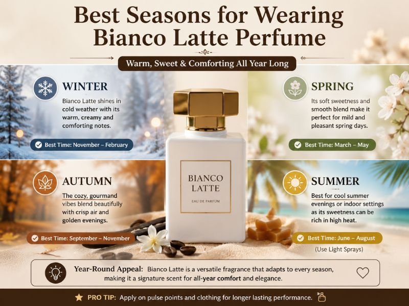 Bianco Latte Perfume seasonal guide showing the best times to wear this warm gourmand fragrance in winter, spring, autumn, and summer