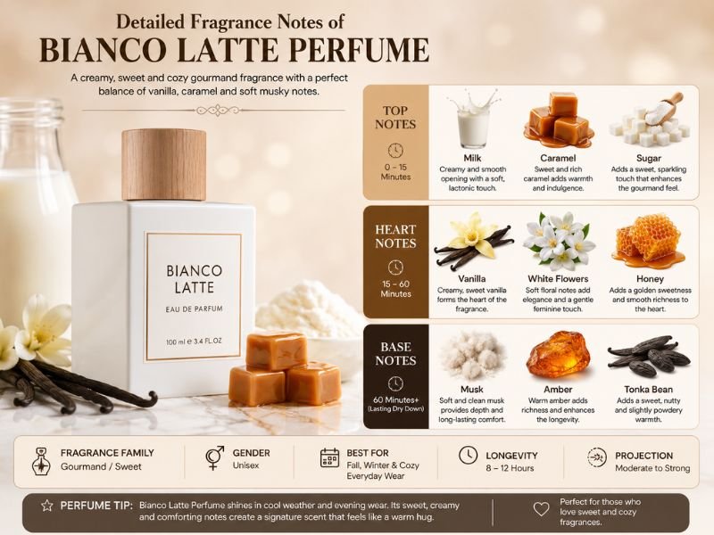 Detailed fragrance notes of Bianco Latte Perfume featuring vanilla, caramel, honey, musk, amber, and tonka bean.