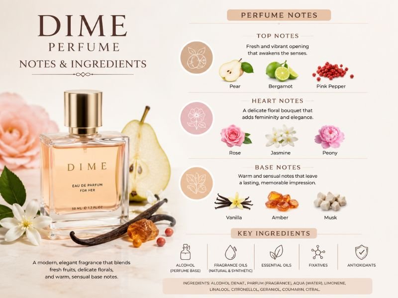 Dime Perfume fragrance notes including citrus floral and musk ingredients