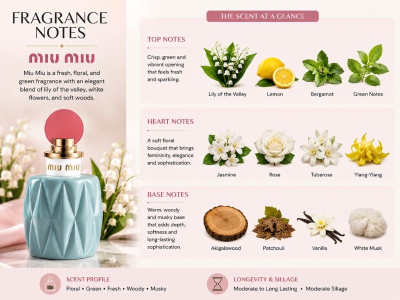 Miu Miu Perfume (2026) fragrance notes showing top, heart, and base notes infographic