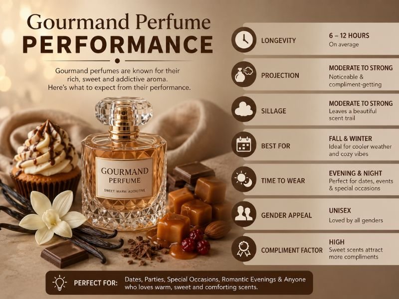 Gourmand perfume longevity projection and sillage comparison