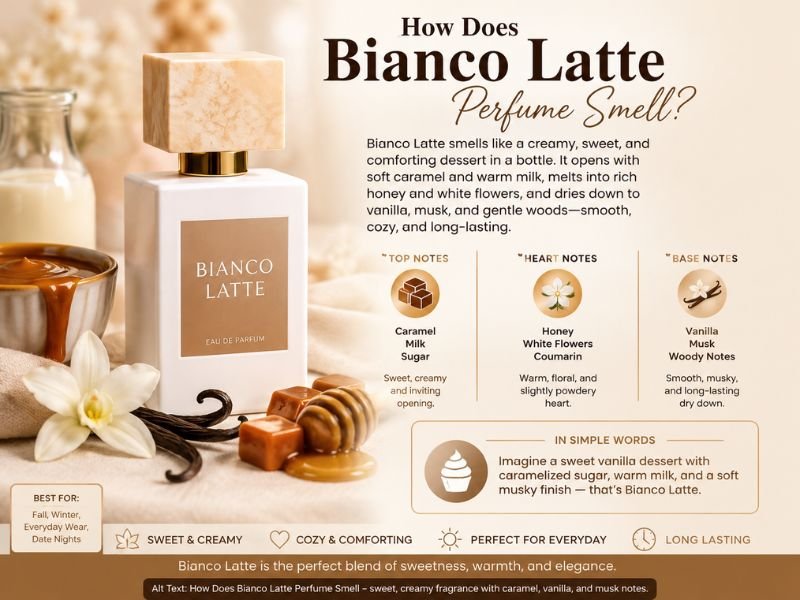 Bianco Latte Perfume with creamy vanilla, caramel, and milk notes in a warm luxury fragrance display