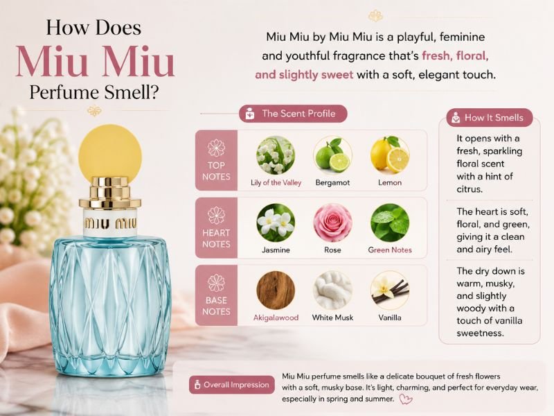 Fresh floral and woody scent profile of Miu Miu Perfume with lily of the valley and musk