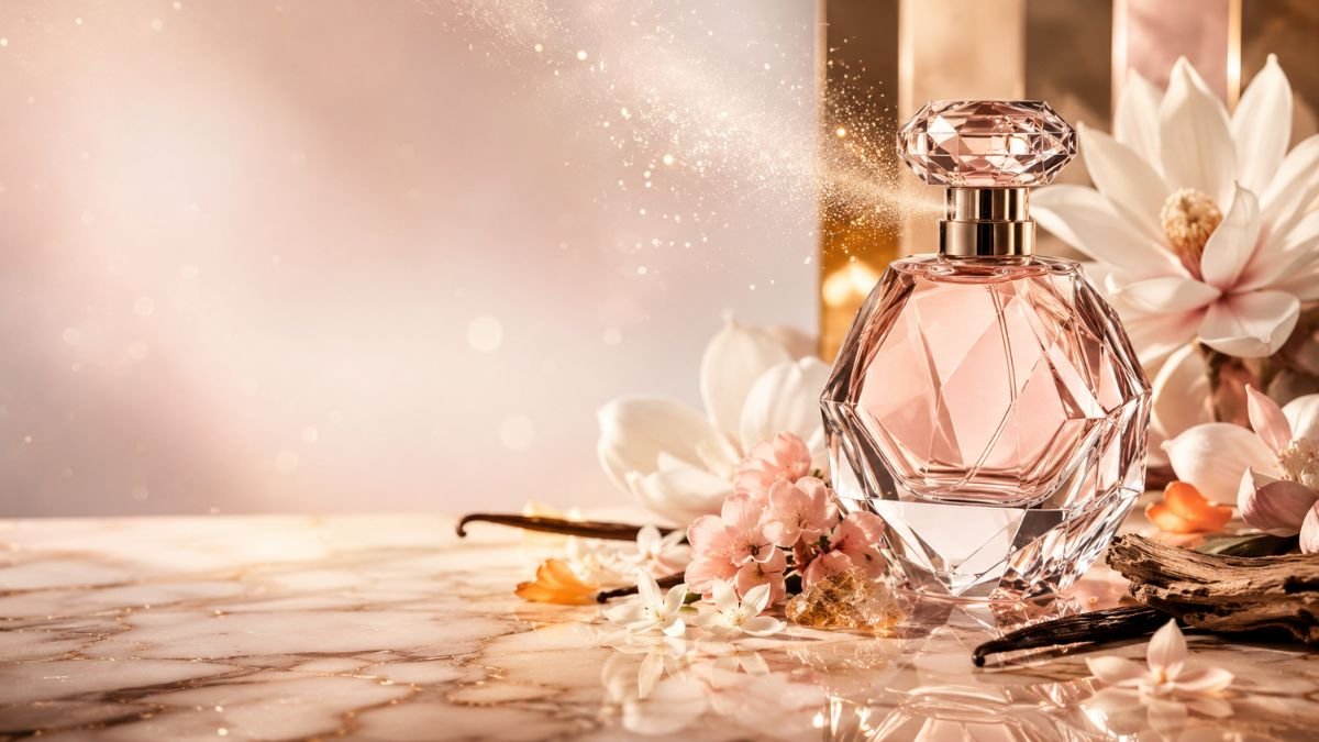 Luxury blush pink perfume bottle with flowers on white marble.