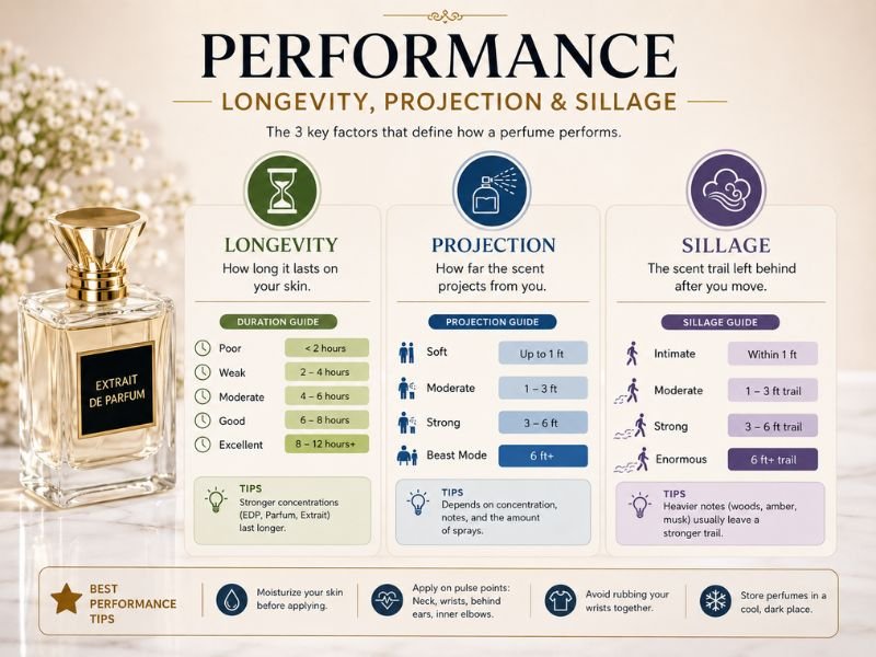 Miu Miu Perfume longevity, projection, and sillage performance comparison chart