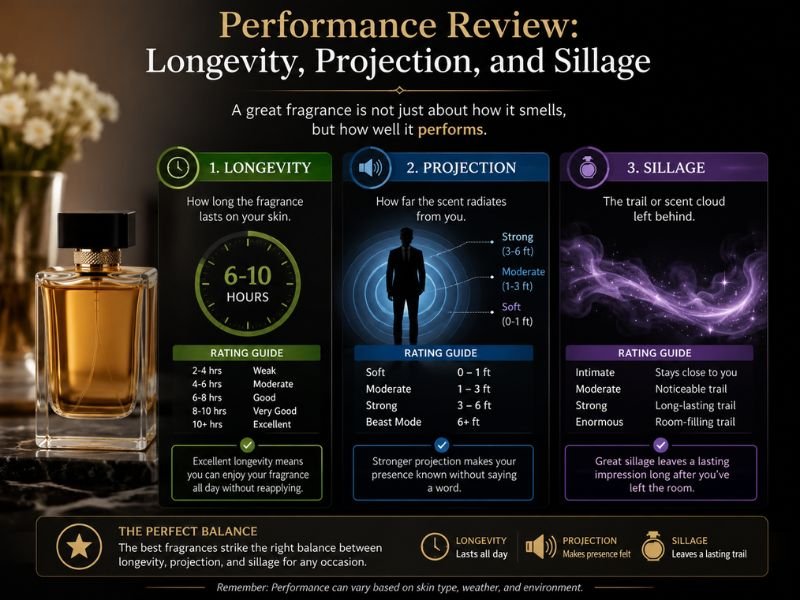 Discover how long a fragrance lasts, how far it projects, and the scent trail it leaves behind
