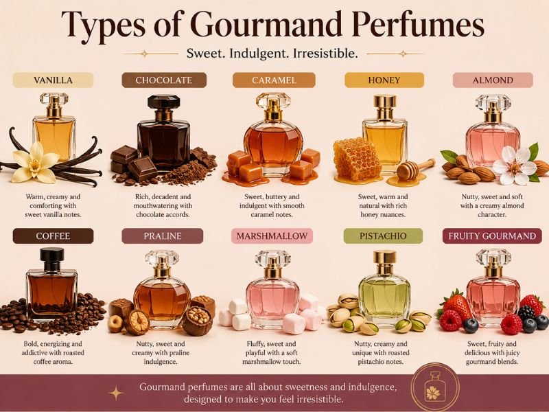 Different types of gourmand perfumes vanilla chocolate coffee fruity and spicy Gourmand Perfume (2026):