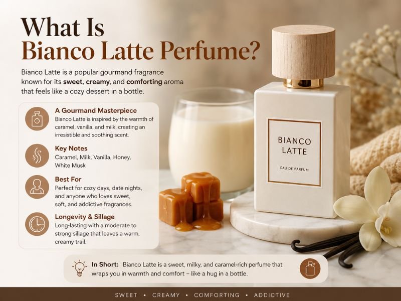 Bianco Latte perfume bottle with creamy vanilla and caramel-inspired background