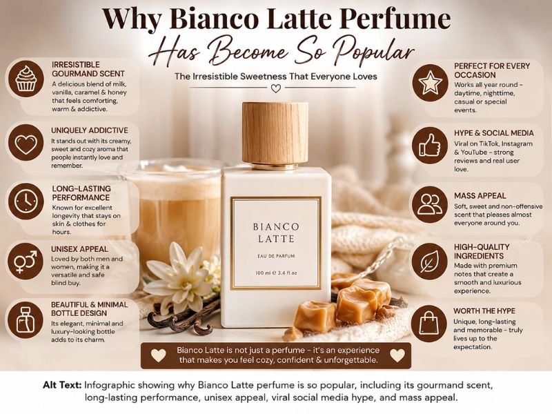 Bianco Latte Perfume with vanilla and caramel notes in a luxury gourmand fragrance display.