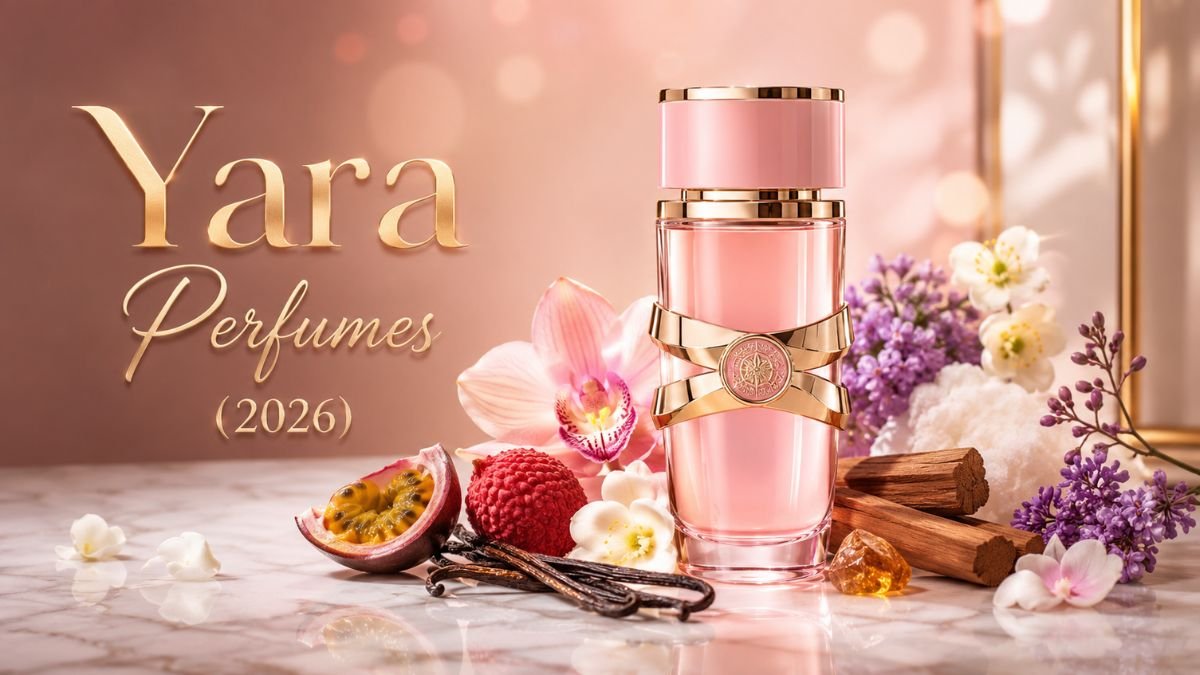 Luxury Yara Perfumes (2026) pink perfume bottle with floral and vanilla notes on a marble background.