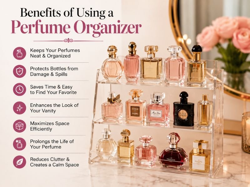 Perfume organizer keeping fragrance bottles neat and organized on a vanity