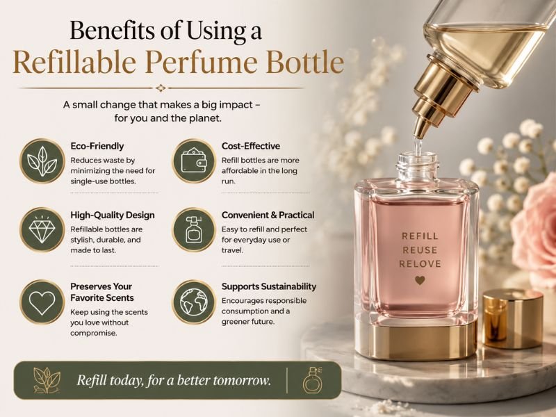 Refillable perfume bottle with eco-friendly, leak-proof, portable, and travel-friendly features beside luxury perfume bottles.