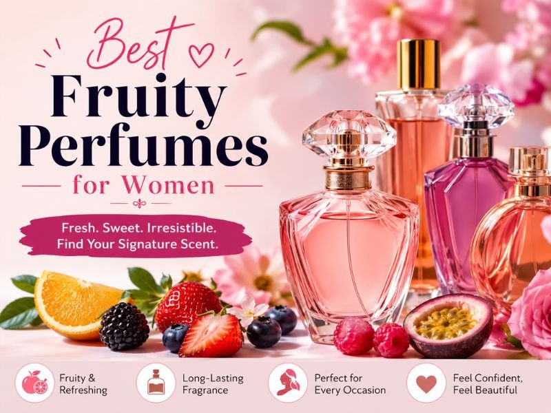 Best Fruity Perfumes for Women featuring luxury perfume bottles with strawberries, raspberries, peaches, pears, and fresh floral fragrance notes.