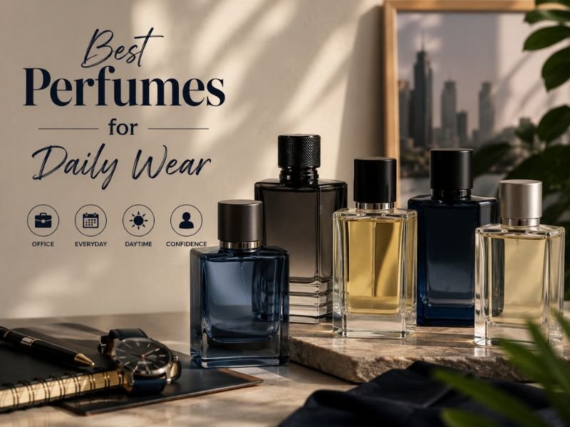 Best daily wear perfumes for men including Dior Sauvage Bleu de Chanel and Prada Luna Rossa Carbon