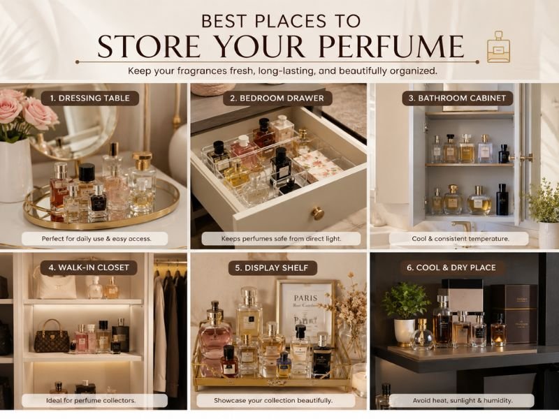 Perfume organizer placed on a bedroom vanity away from direct sunlight