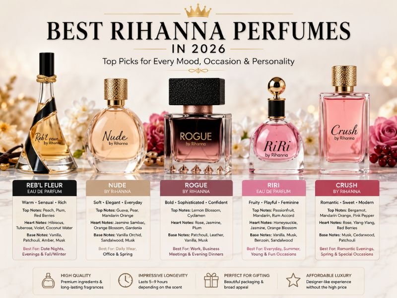 Best Rihanna Perfumes collection including Reb'l Fleur, Nude, Rogue, RiRi, and Crus