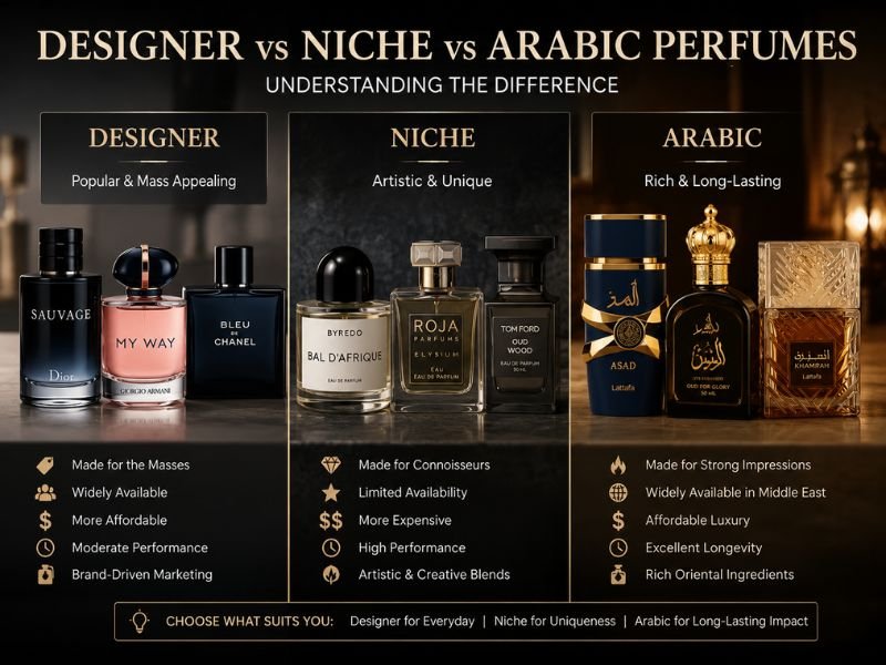 Comparison of Designer, Niche, and Arabic perfumes highlighting their style, uniqueness, and longevity