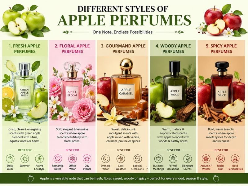 Different styles of apple perfumes including fresh floral woody and gourmand scents