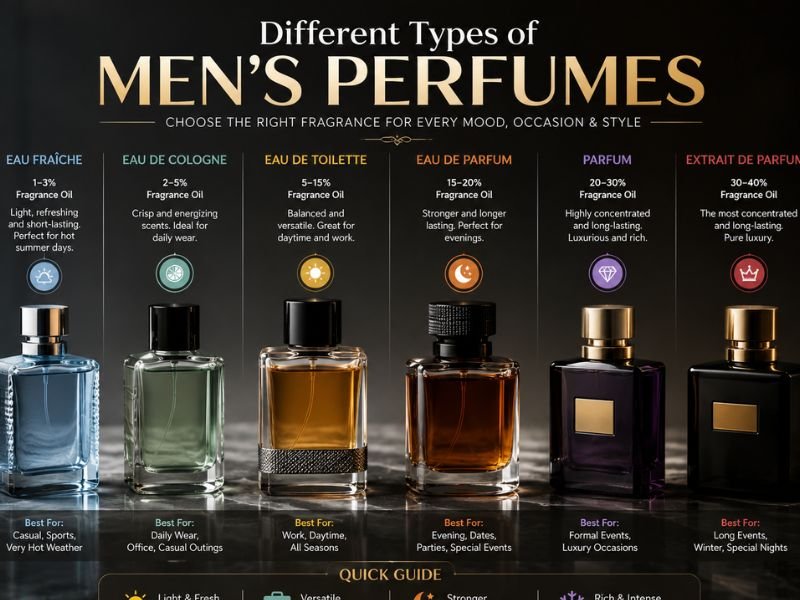 Different types of men's perfumes including EDC EDT EDP and Parfum explained