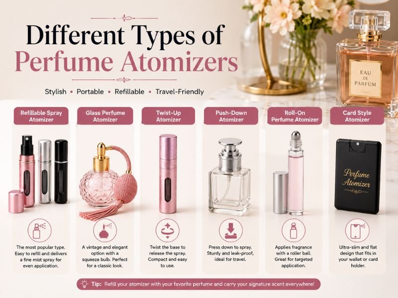 Different types of perfume atomizers including glass aluminum and refillable designs