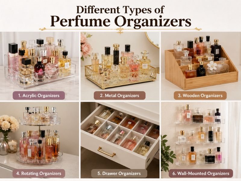 Different types of perfume organizers including acrylic, wooden, rotating, and wall-mounted designs