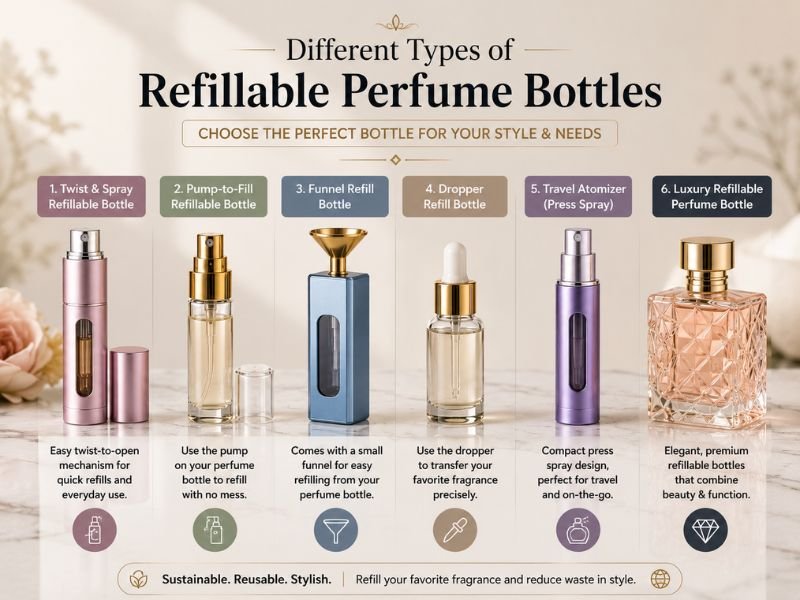 Travel atomizer, glass refillable perfume bottle, metal perfume atomizer, luxury refillable bottle, and pocket perfume spray bottle comparison.