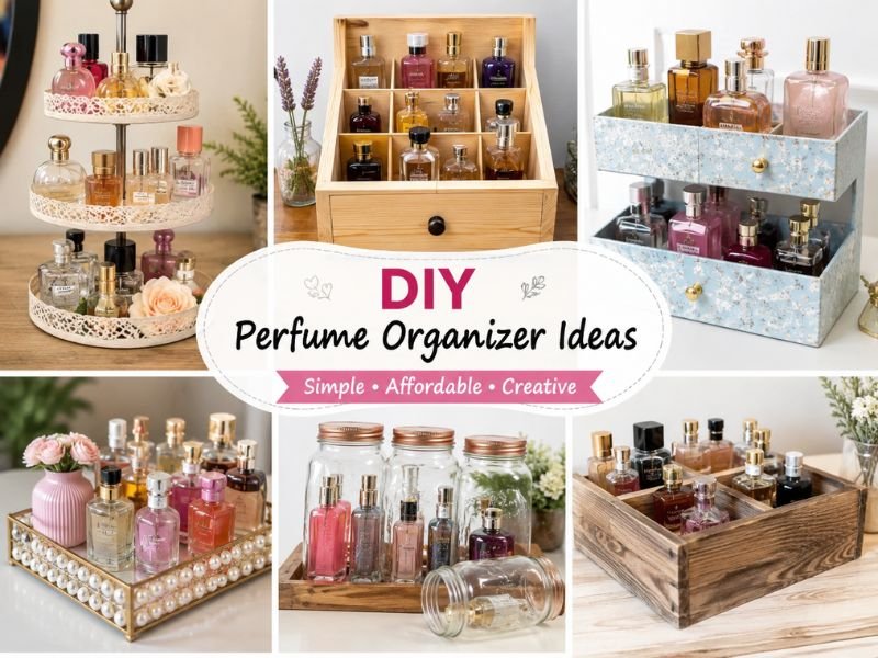 DIY perfume organizer ideas using wooden shelves and decorative trays