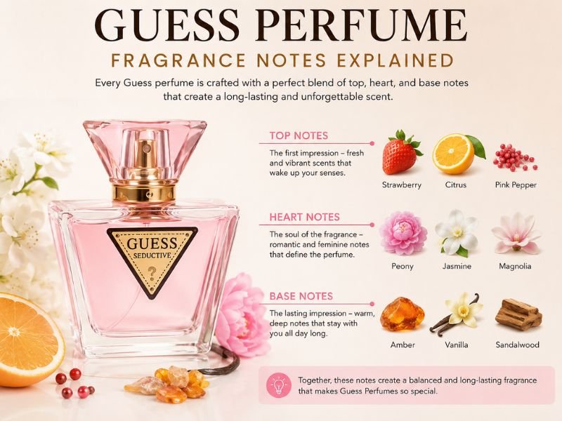 Guess Perfume fragrance notes showing top, heart and base notes