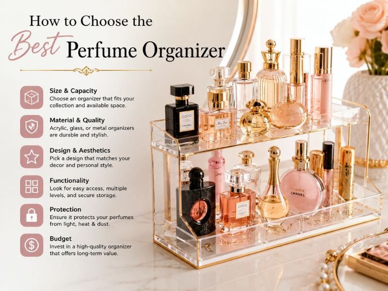 Choosing the best perfume organizer based on size, material, and storage capacity