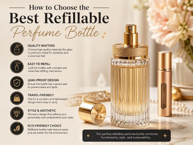 Various refillable perfume bottles in different sizes and materials including aluminum, glass, and travel atomizers.