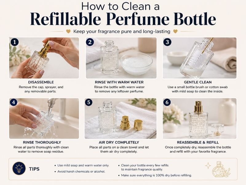 Cleaning a reusable perfume bottle with warm water and rubbing alcohol to maintain fragrance quality and hygiene.