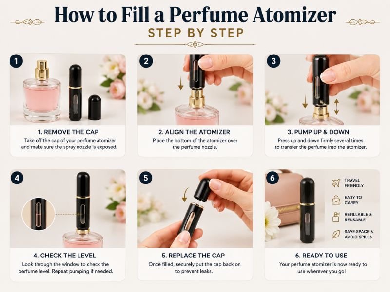 How to fill a refillable perfume atomizer step by step without spilling perfume