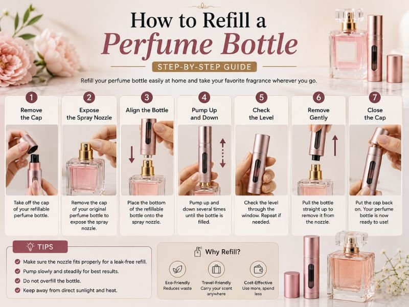 Step-by-step process of filling a refillable perfume bottle from an original perfume bottle using a bottom-fill atomizer.