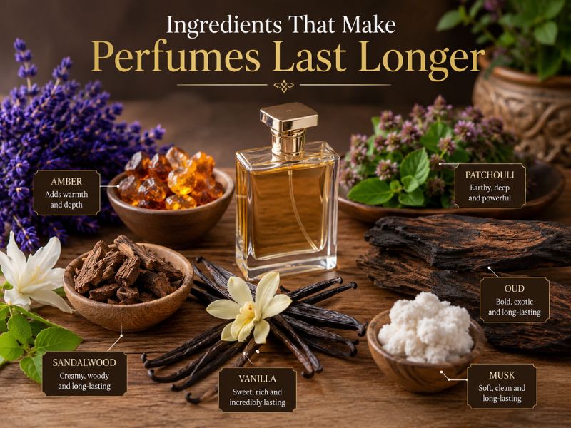 Natural ingredients commonly used in long lasting perfumes.