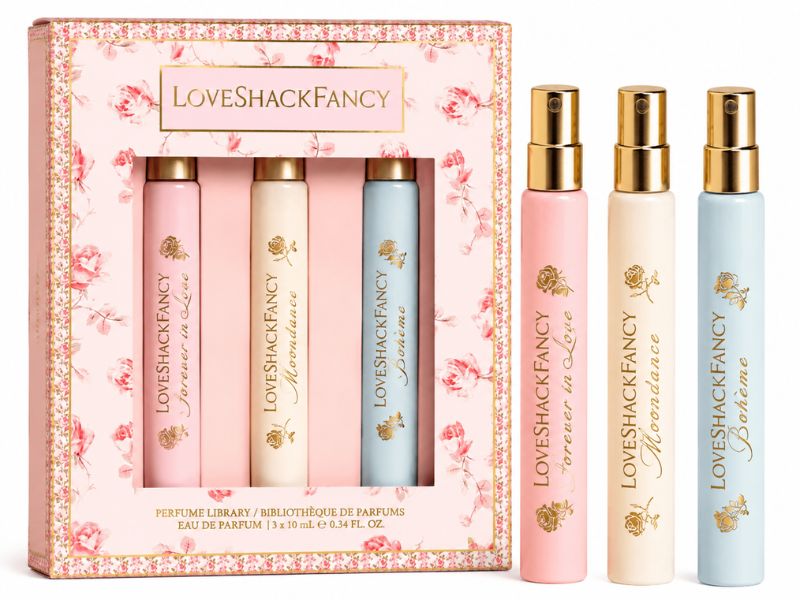 LoveShackFancy perfume collection including Forever in Love, Moondance, Velvet Rose and Boheme fragrances