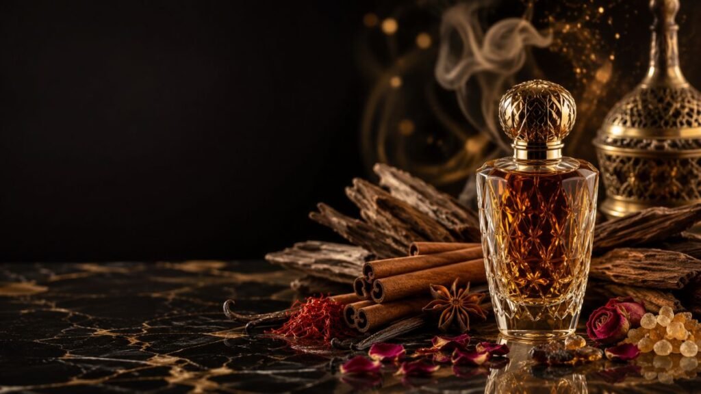 Oriental Fragrance Perfumes Collection with Amber, Oud and Vanilla Bottles