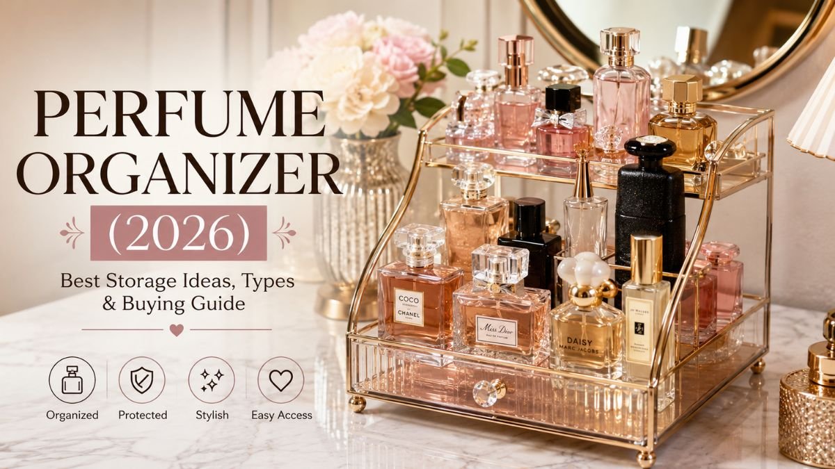Luxury perfume organizer displaying designer fragrance bottles on a modern vanity table