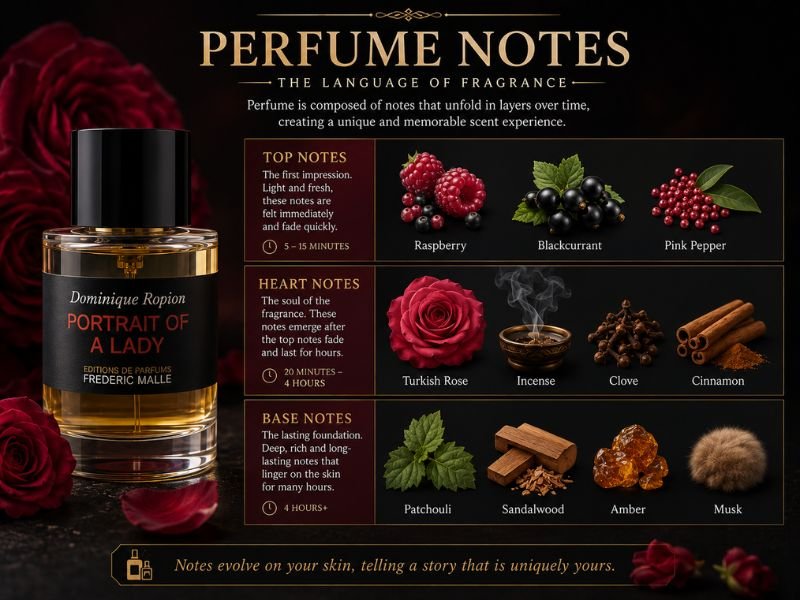 Portrait of a Lady Perfume notes including Turkish rose, patchouli, incense, and sandalwood