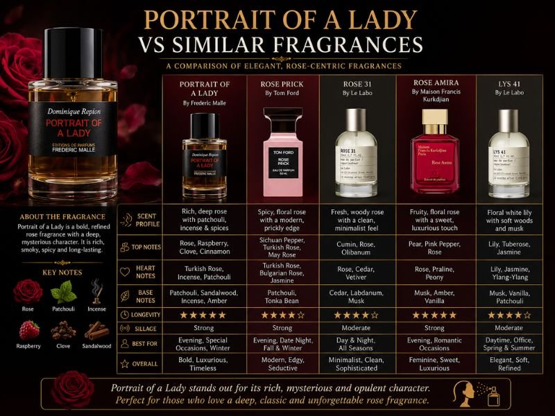 Portrait of a Lady Perfume compared with Delina, Atomic Rose, Lyric Woman, and Rose 31
