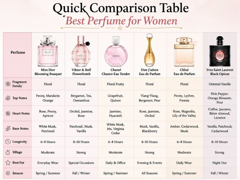 Comparison of the best perfumes for women with long-lasting fragrance performance