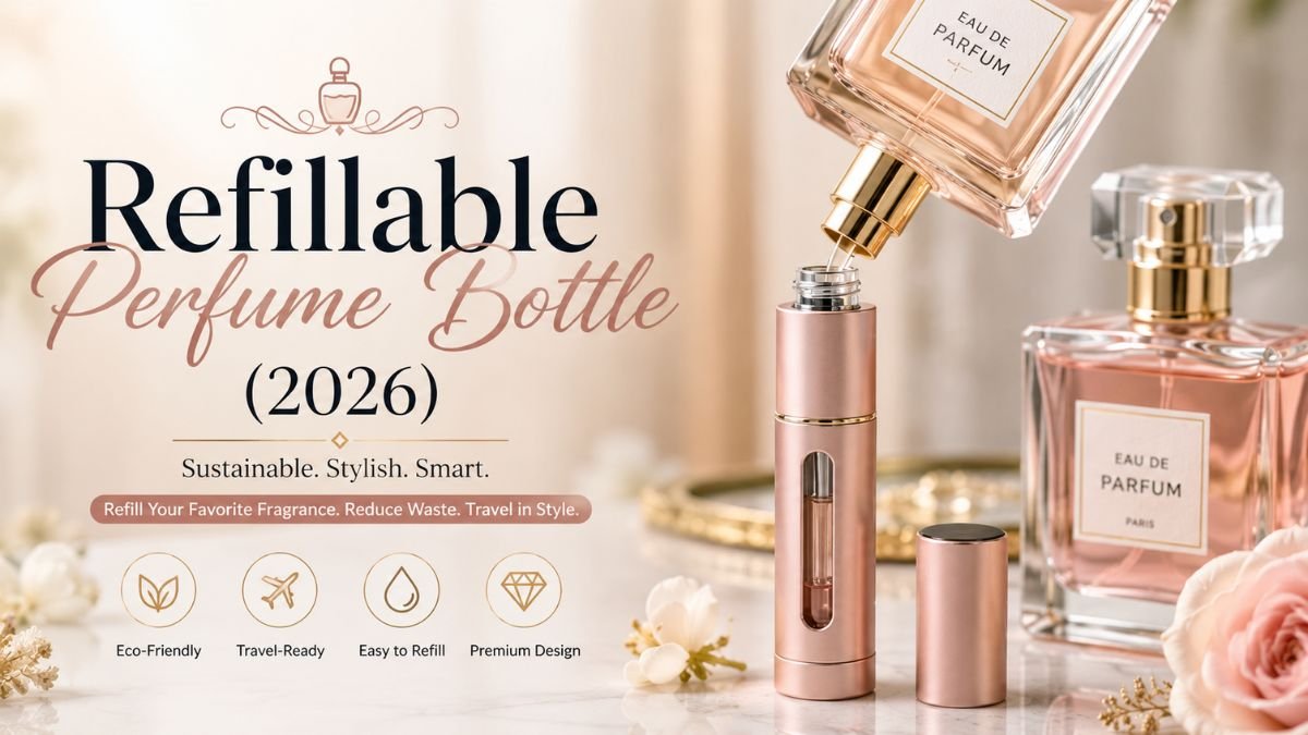Luxury refillable perfume bottle with elegant travel atomizer, reusable fragrance container, and premium perfume accessories on a marble background.