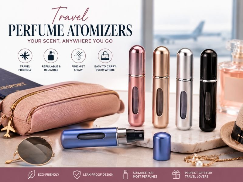 Travel perfume atomizer packed inside carry-on luggage for air travel