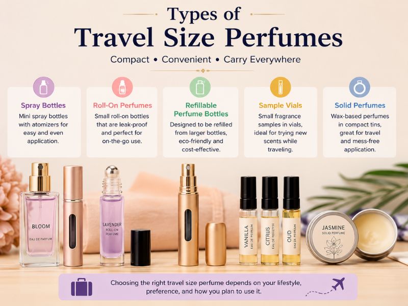  Travel Size PerfumesDifferent types of Travel Size Perfume including spray rollerball and atomizer