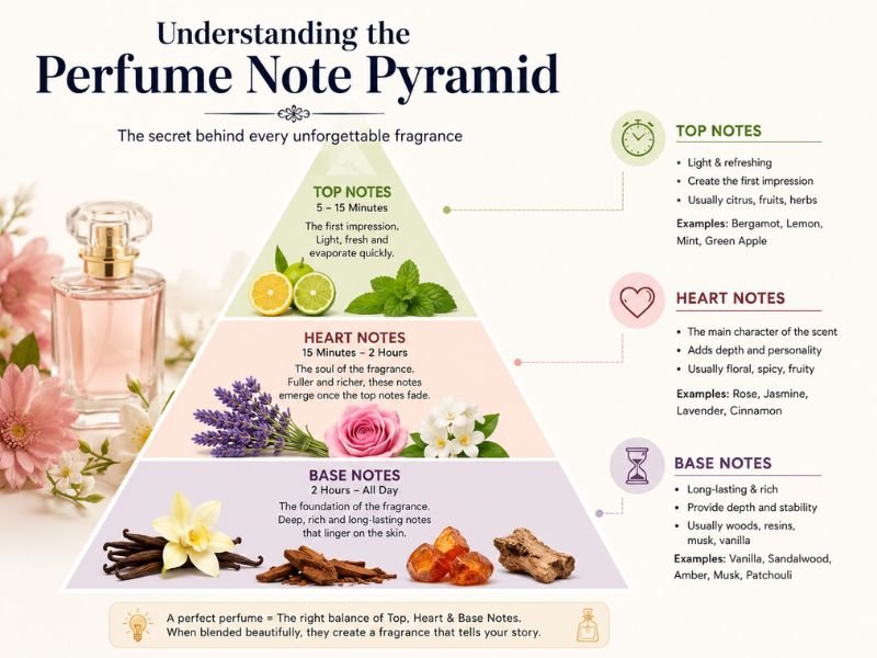 Perfume Note Pyramid Showing Top, Middle and Base Notes