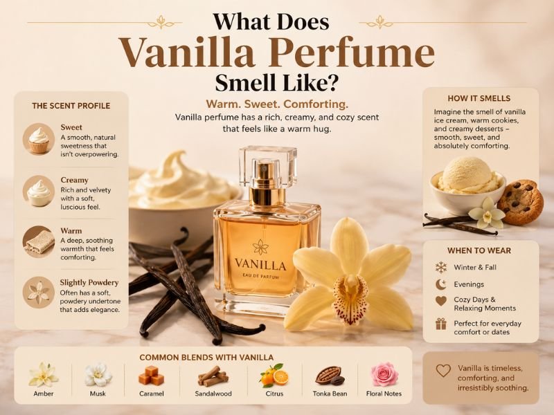 Vanilla perfume notes including vanilla bean, amber, sandalwood, and jasmine