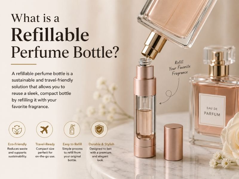 Reusable refillable perfume bottle showing fine mist atomizer, compact travel design, and portable fragrance container.