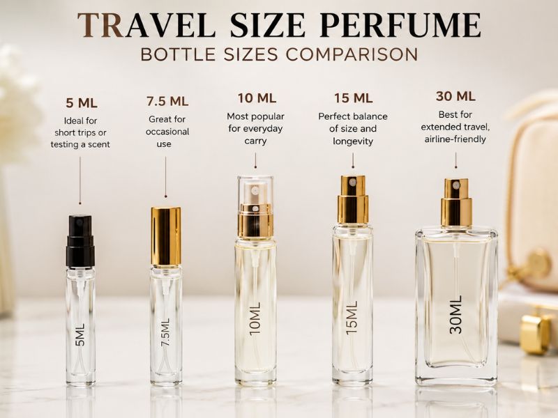 Travel Size Perfume bottle sizes 5ml 10ml 15ml and 30ml