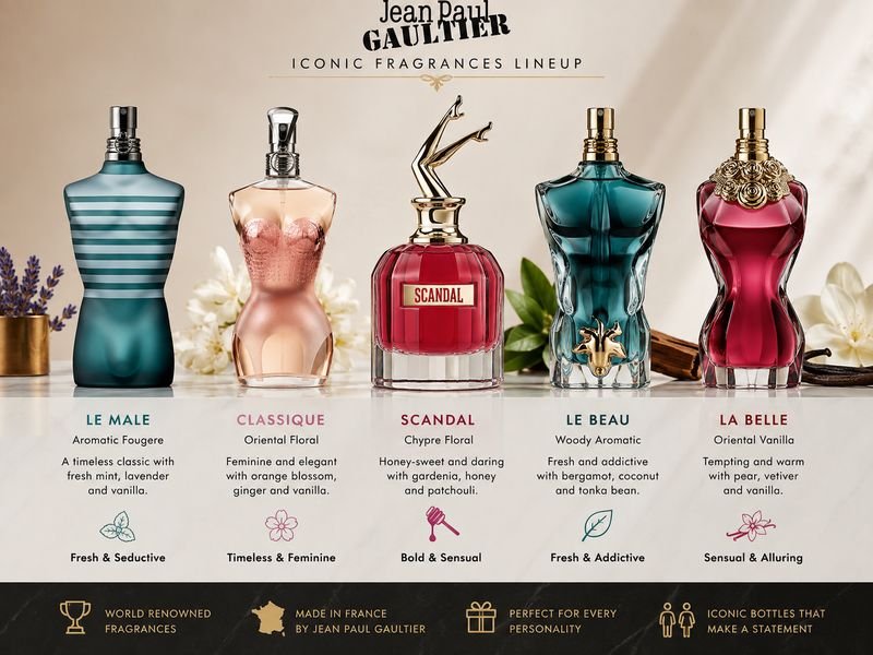 Best Jean Paul Gaultier perfumes including Le Male Classique Scandal and La Belle